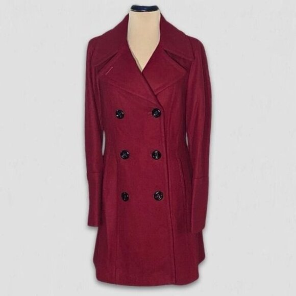 Anne Klein Red Burgundy Wool Blend Double Breasted Peacoat Size Small - Picture 1 of 11